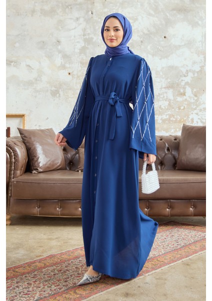 Kolları Taş Işlemeli Abaya - Indigo