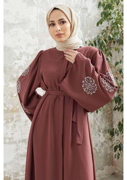 Liva Kolları Taşlı Abaya - Gül Kurusu