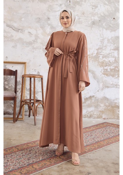 Kolları Taş Işlemeli Abaya - Camel