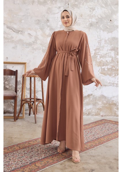 Kolları Taş Işlemeli Abaya - Camel