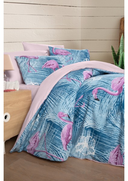 Lastikli Çarşaflı Çift Kişilik Nevresim Takımı Flamingo