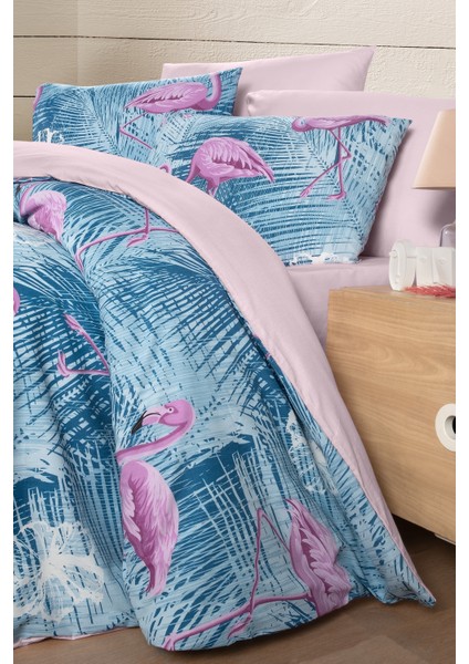 Lastikli Çarşaflı Çift Kişilik Nevresim Takımı Flamingo