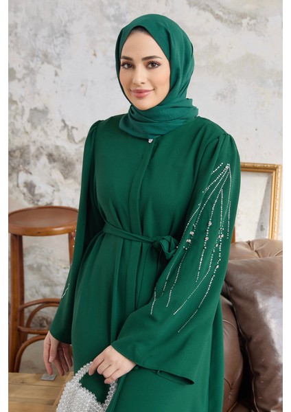 Rona Kolları Desenli Abaya - Zümrüt