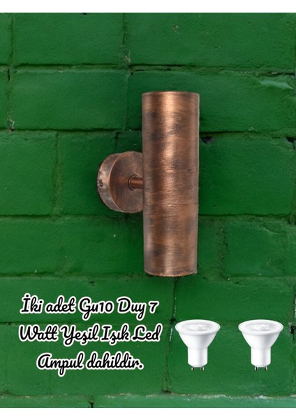 Bakır Eskitme 14 Watt Yeşil Işık GU10 Duy LED Aplik Sarı Yaldız Armatür, Bahçe Balkon Teras Apliği