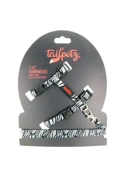 Tailpetz Harness Ayarlanabilir Kedi Göğüs ve Gezdirme Tasması Zebra 22-30 cm