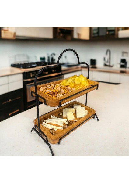 2 Katlı Ahşap Zeminliı 15 X 27 Cm Metal Standlı Ahşap Sunum Standı – Ikram Ve Servis Için Model 1