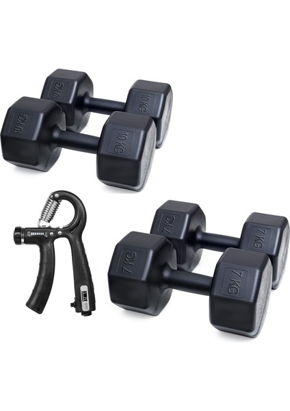 2 Çift Dambıl Seti +Sayaçlı Ayarlanabilir El Yayı = 7 kg x 2 Adet- 10 kg x 2 Adet