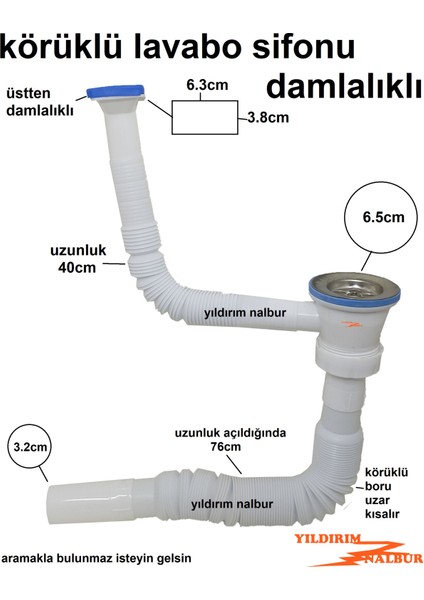 Damlalıklı Körüklü Sifon Üstten Evye Sifon Lavabo Borusu Taşmalı