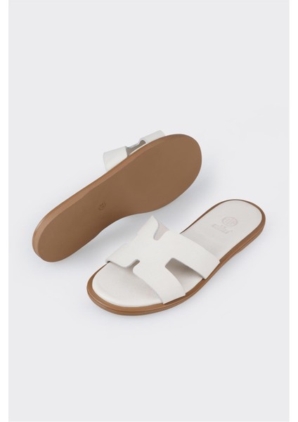 Ekru Deri Kadın Düz Terlik modelleri