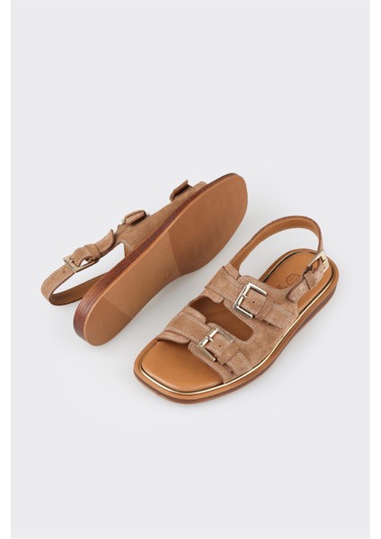 Taba Deri Kadın Düz Sandalet modelleri