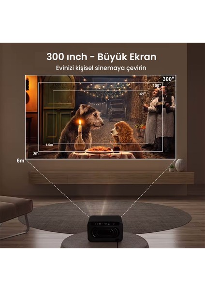 Romm Android 4K Destekli (Fullhd 6/128GB) 5g Wi-Fi + Bluetooth 300 Inç Yansıtma Projeksiyon Cihazı