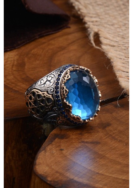 Blue Topaz Aqua Marin Taşlı Yanı Işlemeli Erkek Gümüş Yüzük