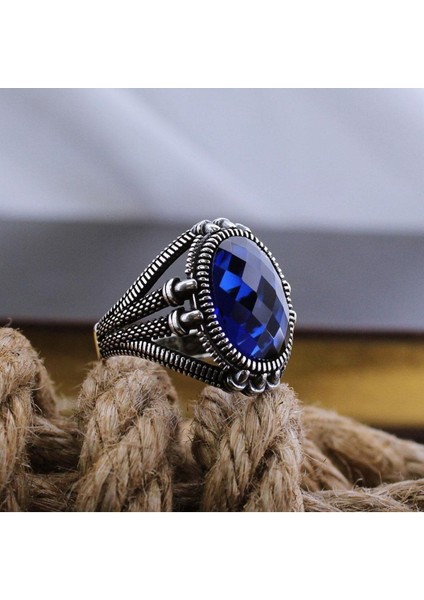 Lacivert Safir Kristal Kesim Taşlı Pençe Model Özel Seri Erkek Gümüş Yüzük