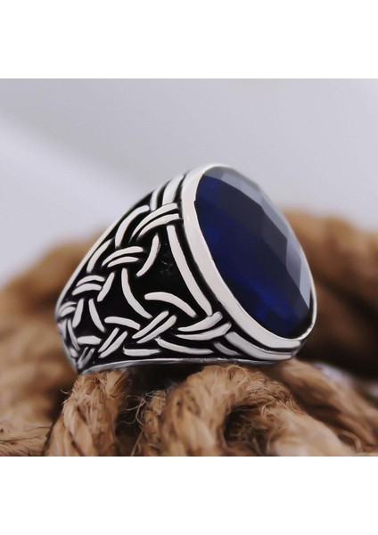 Lacivert Safir Kristal Kesim Taşlı Örme Desen Özel Seri Erkek Gümüş Yüzük