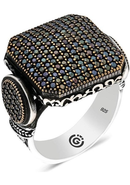 Asab Siyah Zirkon Yanı Taşlı Kare Özel Seri Erkek Gümüş Yüzük