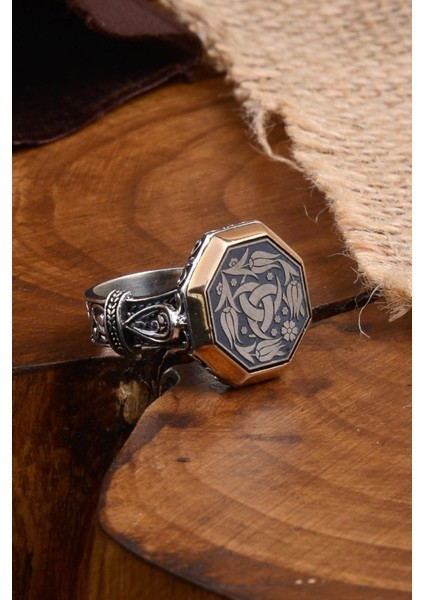 Sekizgen Model Teşkilat-I Mahsusa Yanı Işlemeli Erkek Gümüş Yüzük