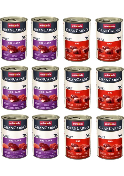 Grancarno 2 Çeşit Sığır + Sığır ve Kuzu Etli Karma Köpek Konserve 400 Gr. x 12 Adet