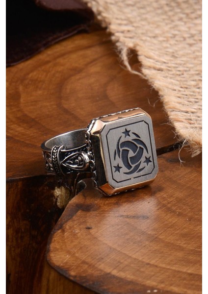 Kare Model Teşkilat-I Mahsusa Yanı Kalkan Işlemeli Erkek Gümüş Yüzük