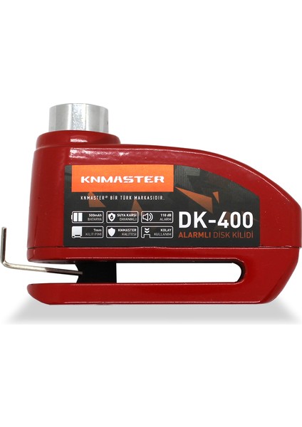 Disk Kilidi DK-400 7mm Alarmlı + Hatırlatma Kablosu ve Çanta Hediyeli ( Kırmızı )