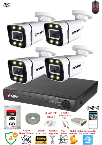 4 Kameralı Full Hd Gece Renkli - Su Geçirmez Ultra LED Güvenlik Kamerası Seti 500 GB