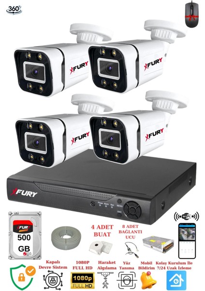 4 Kameralı Full Hd Gece Renkli - Su Geçirmez Ultra LED Güvenlik Kamerası Seti 500 GB fiyatları