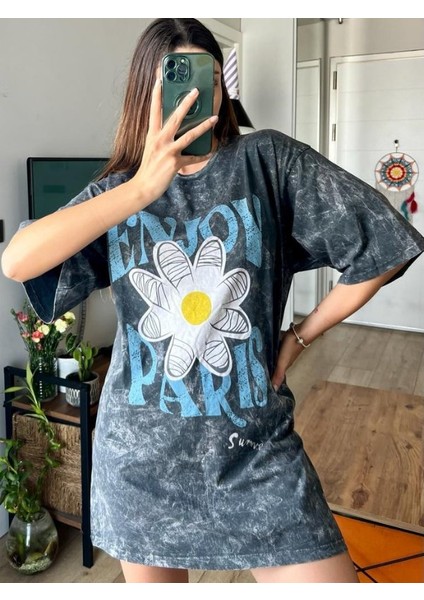 Füme Papatya Desen Eskitme Tasarım Tişört