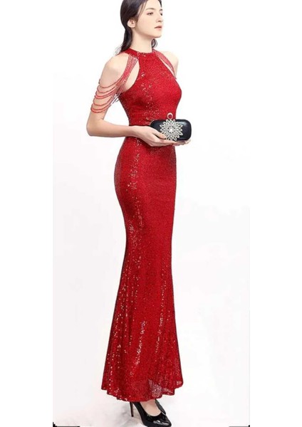 Halter Yaka Taş Tasarımlı Pul Payet Abiye Elbise modelleri