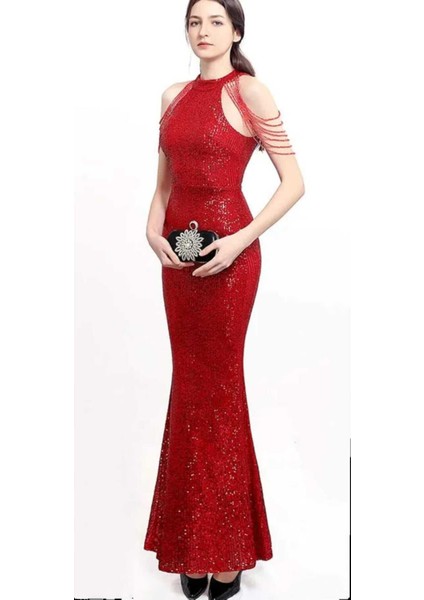 Halter Yaka Taş Tasarımlı Pul Payet Abiye Elbise fırsatları