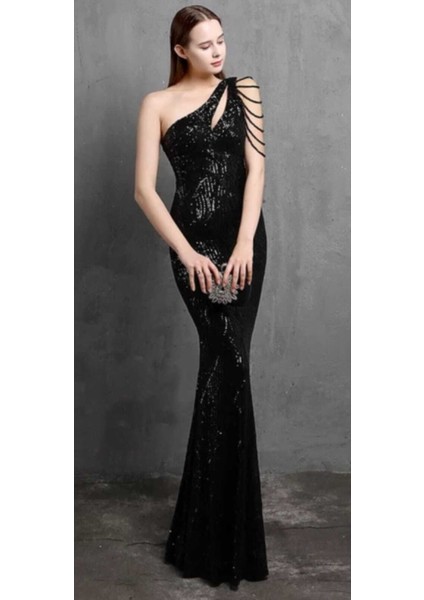 Hilaltrend Siyah Tek Omuz Taş Detaylı Abiye Elbise