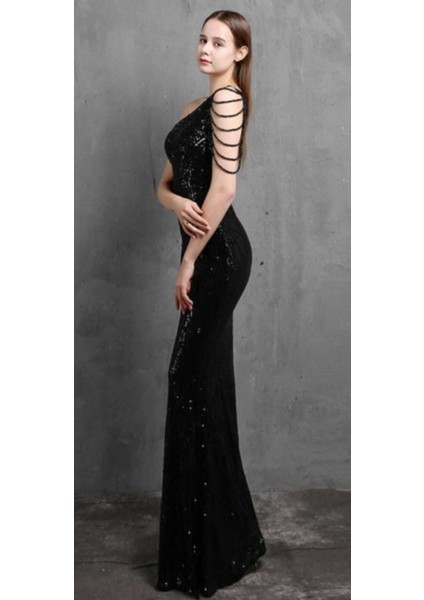 Hilaltrend Siyah Tek Omuz Taş Detaylı Abiye Elbise fiyatları