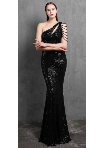 Hilaltrend Siyah Tek Omuz Taş Detaylı Abiye Elbise modelleri