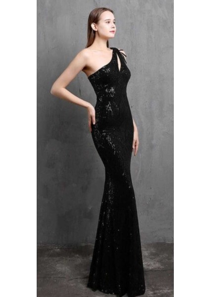 Hilaltrend Siyah Tek Omuz Taş Detaylı Abiye Elbise fırsatları