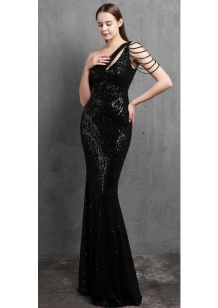 Hilaltrend Siyah Tek Omuz Taş Detaylı Abiye Elbise indirimleri