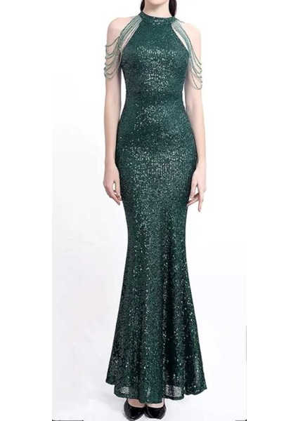 Halter Yaka Taş Tasarımlı Pul Payet Abiye Elbise fiyatları