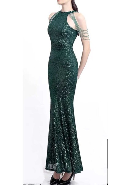 Halter Yaka Taş Tasarımlı Pul Payet Abiye Elbise modelleri