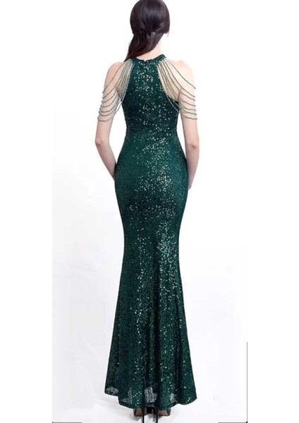 Halter Yaka Taş Tasarımlı Pul Payet Abiye Elbise indirimleri