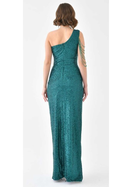 Tek Omuz Taş Tasarımlı Pul Payet Işlemeli Abiye Elbise fiyatları