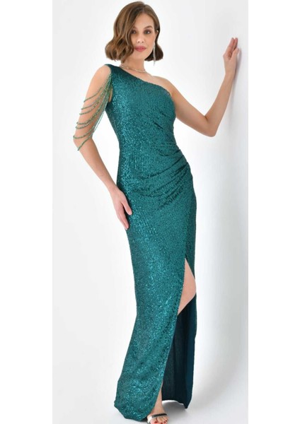 Tek Omuz Taş Tasarımlı Pul Payet Işlemeli Abiye Elbise modelleri