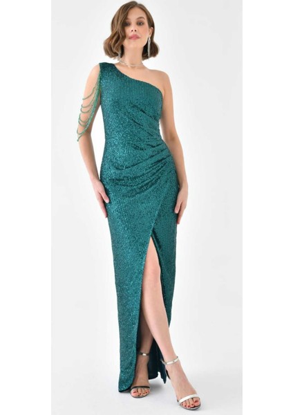 Tek Omuz Taş Tasarımlı Pul Payet Işlemeli Abiye Elbise indirimleri