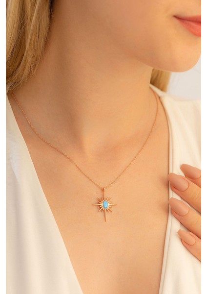 - Rose Altın Kaplama Renk Mavi Opal Taşlı Kutup Yıldızı Gümüş Kolye