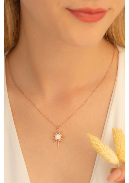 - Rose Altın Kaplama Beyaz Opal Taşlı Kutup Yıldızı Gümüş Kolye