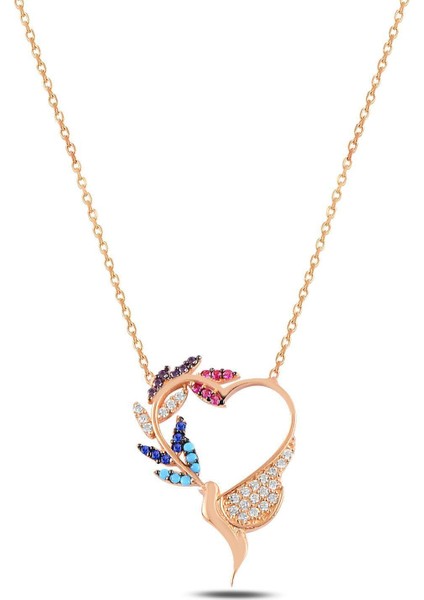 Zirkon Taşlı Rose Kalpli Kuş Model Kadın Gümüş Kolye Gklklplksm1-Ros