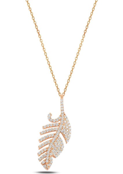 Zirkon Taşlı Rose Renk Yaprak Model Kadın Gümüş Kolye Gklyprkmdl3-Ros
