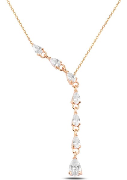 Zirkon Taşlı Rose Damla Model Kadın Gümüş Kolye Gklzrkntdml-Ros