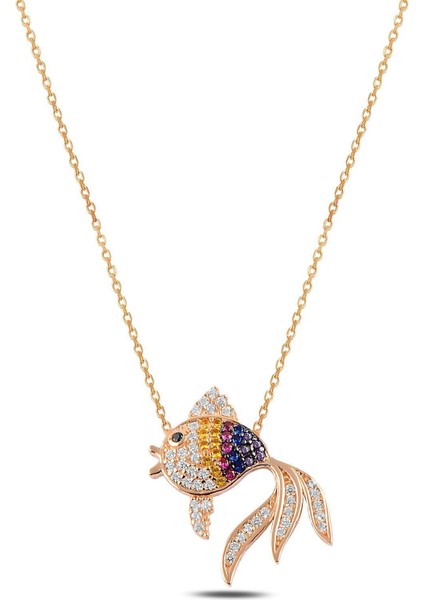 Renkli Taşlı Balık Bayan Gümüş Kolye Zincir GKLBLKM1DEL-ROS Rose (Bronz)