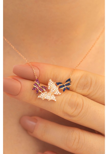 - Kelebekli Rose Gümüş Kolye Orta Boy