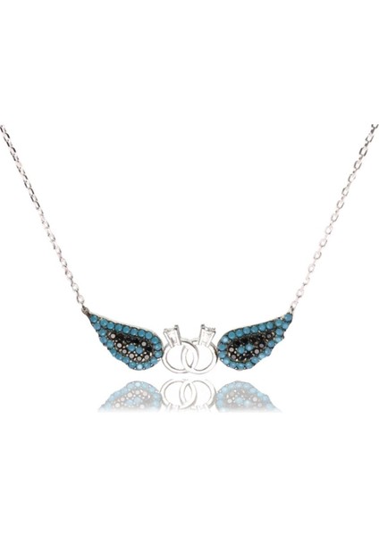 Çift Tektaşlı Kanatlı Bayan Gümüş Kolye Orta Boy