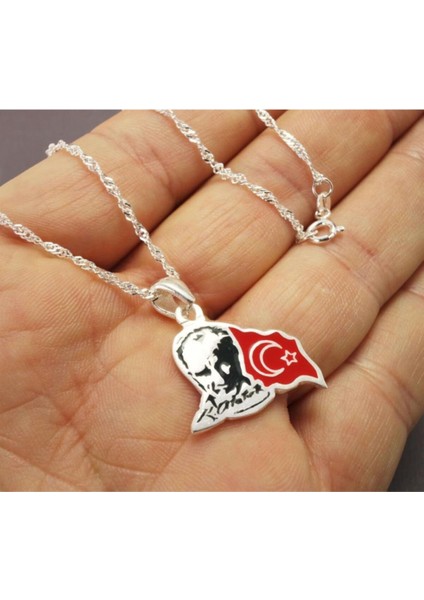 Unisex Gri Atatürk ve Ayyıldız'lı Gümüş Kolye Zincir