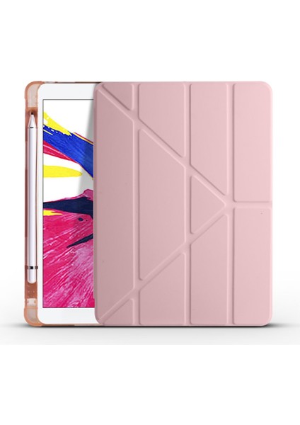 Apple iPad 5. Nesil 9.7 Inc (2017) Yatay ve Dikey Standlı Antişok Köşe Korumalı Kalemlikli Origami Slikon Kılıf A1822 A1823