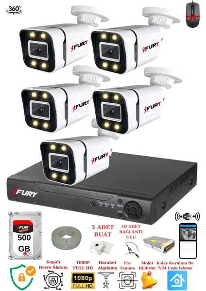 5 Kameralı Full Hd Gece Renkli - Su Geçirmez Ultra LED Güvenlik Kamerası Seti 500 GB